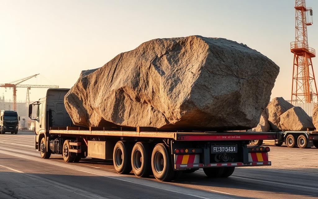 Armour rock transport by flat trailer UAE